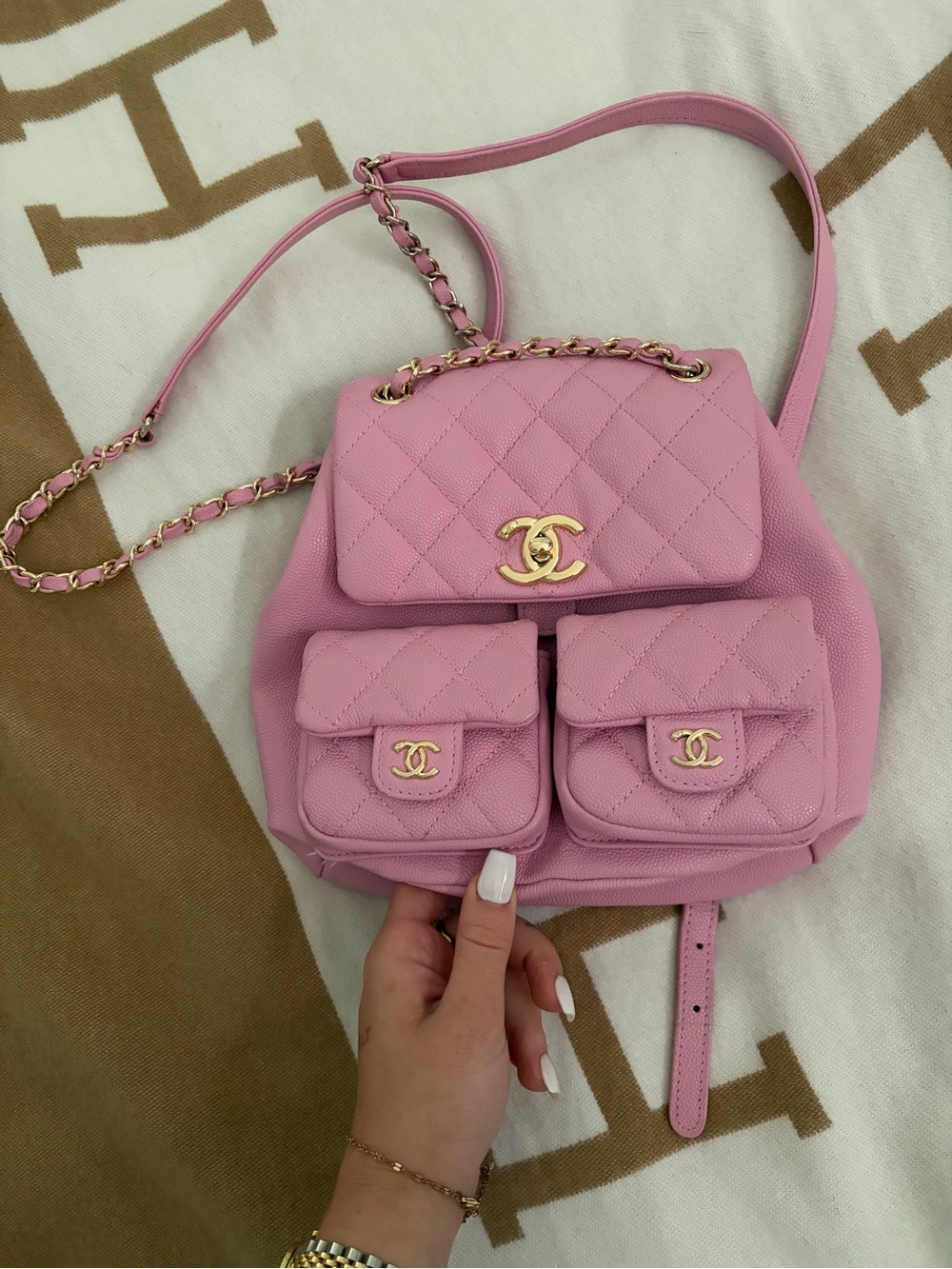 CHANEL Pink Quilted Leather Backpack with Gold CC Hardware
